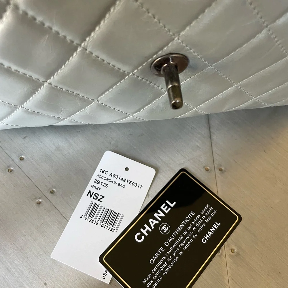 Chanel accordion bag gray light blue calfskin shoulder bag purse crossbody